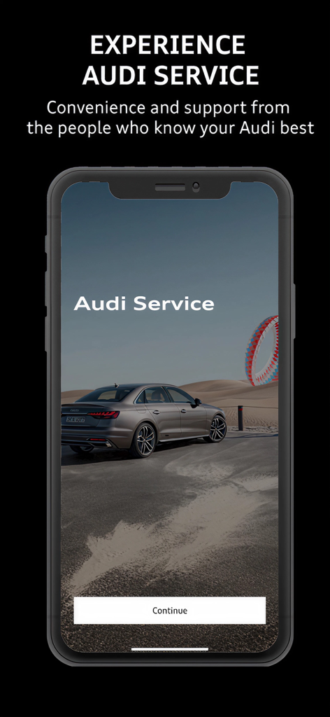 Pantalla de bienvenida de la aplicación Audi Service SG con un coche de lujo y un botón de continuar