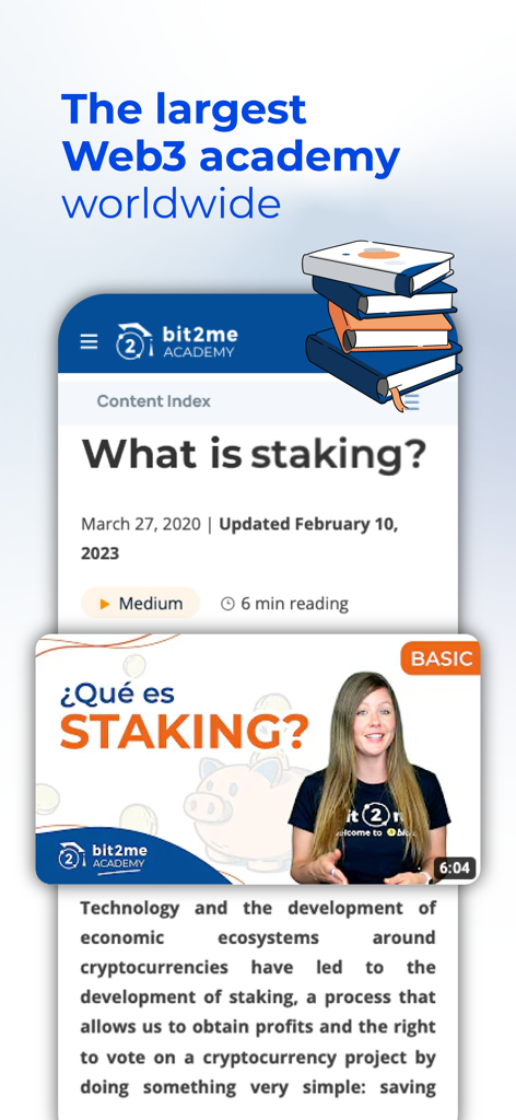 Interfaccia mobile di Bit2Me Academy che mostra un articolo educativo e un video intitolato Cos'è lo staking