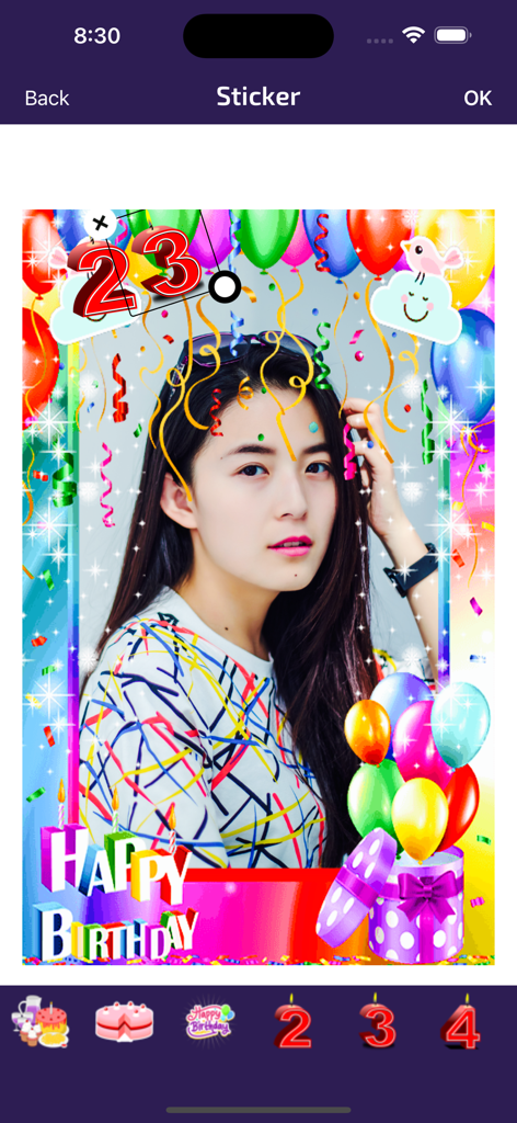Birthday Photo Frames - Editor - Una foto de una joven siendo decorada con stickers de cumpleaños y globos en la interfaz de la aplicación