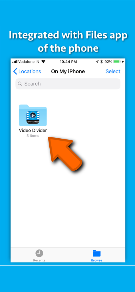 Screenshot showing Video Divider app integration with the iPhone Files app for easy storage and access to split videos.