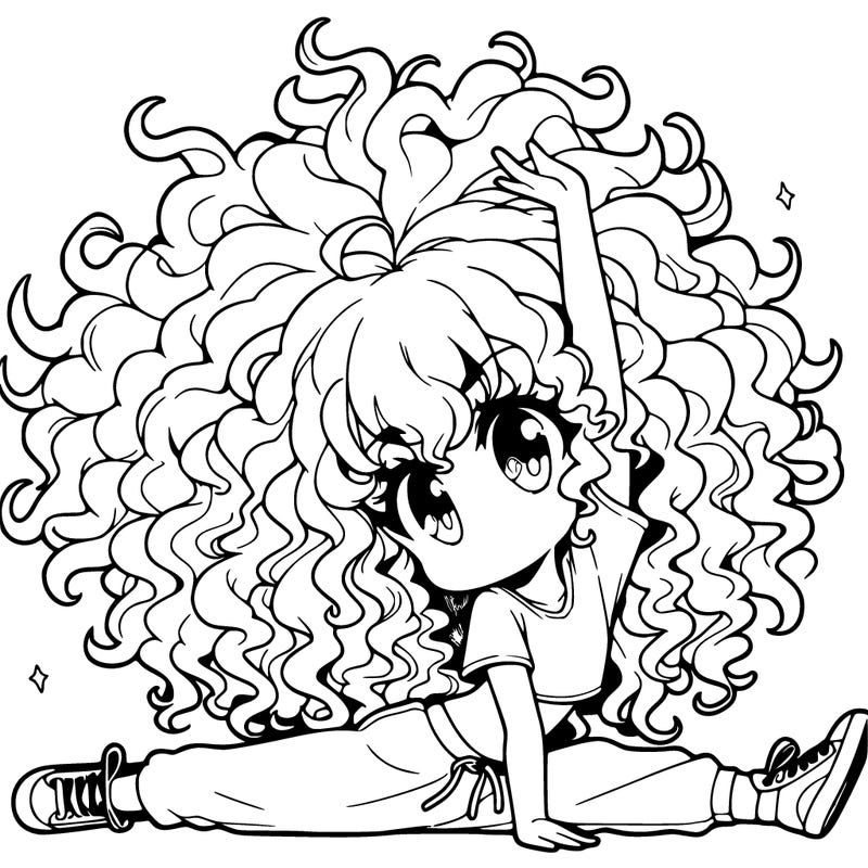 an anime girl with really curly hair doing a split in the air