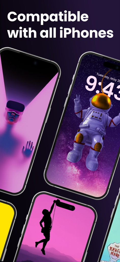 Wallpapers 26 & Dynamic Island - A display of several iPhones showcasing creative aesthetic wallpapers designed for the Dynamic Island and notch.