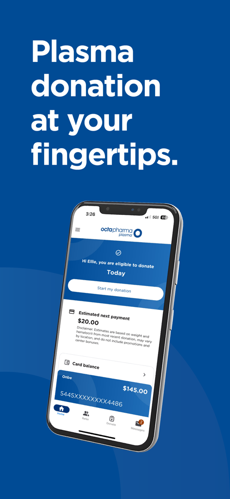 Smartphone screen of OctaApp showing plasma donation eligibility and payment balance.
