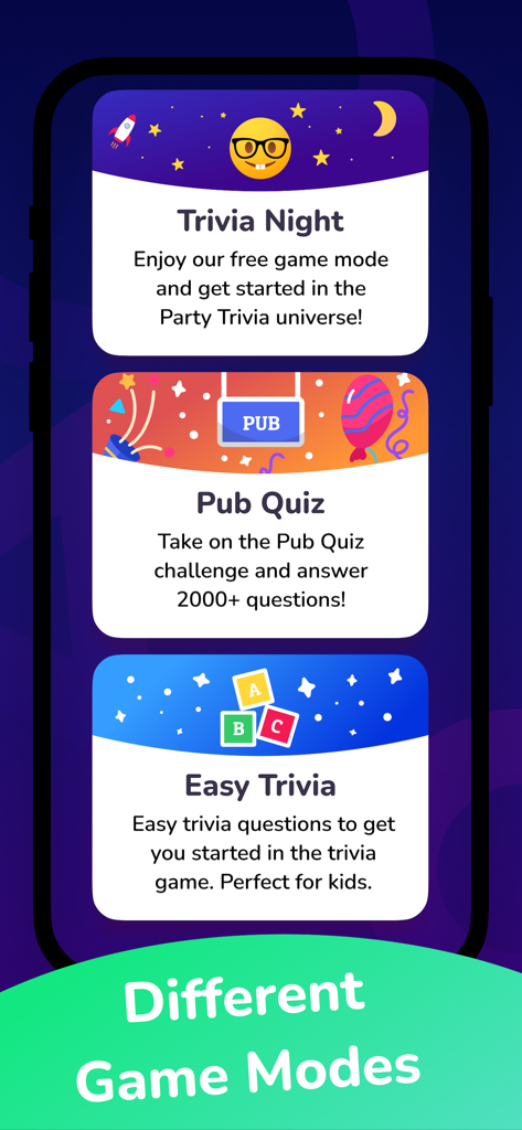 Party Trivia! Group Quiz Game - Party Trivia app screen showing different game modes like Trivia Night Pub Quiz and Easy Trivia
