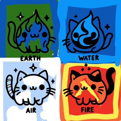 4 cats that represent the different elements, earth, water, air, and fire