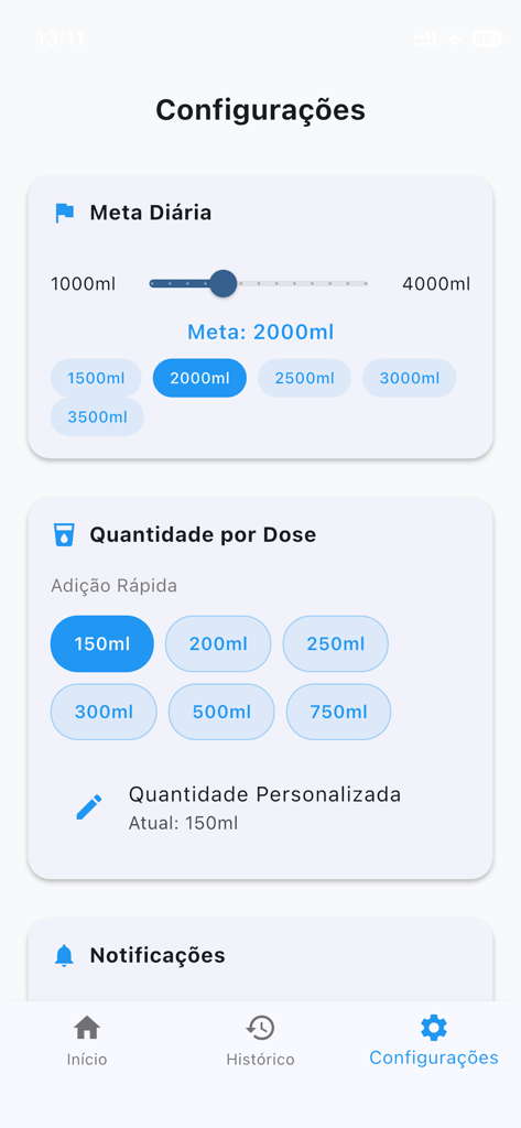 Settings screen of the Beba Agua hydration app showing daily water goal and portion sizes.