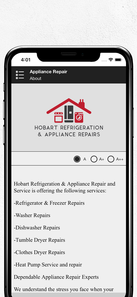 Écran d'accueil de l'application mobile de réparation d'appareils électroménagers pour les réparations de réfrigérateurs et d'appareils électroménagers de Hobart