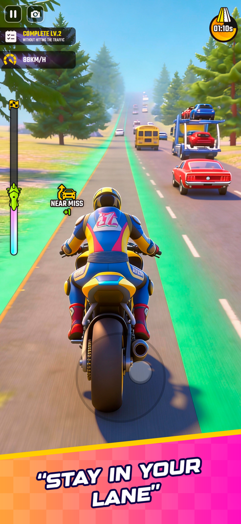 Rush Bike 3D: Bike Racing Game - A motorcycle rider navigating through highway traffic in a 3D racing game