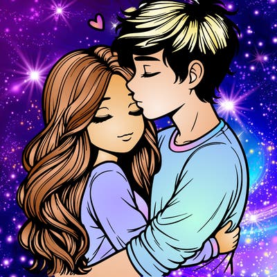 a realistic couple boy and girl hugging and kissing