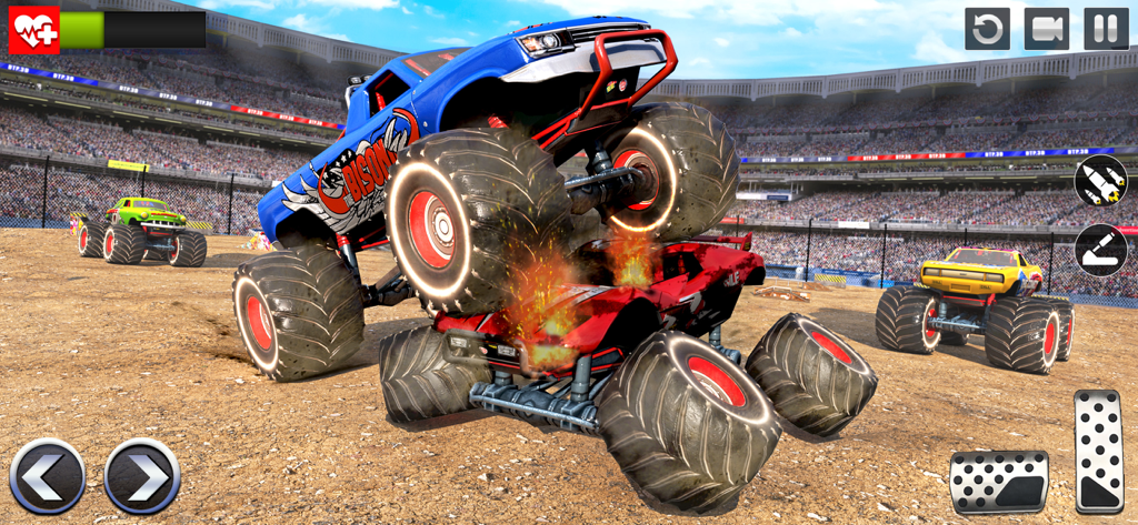 Monster Truck Games: 4x4 Stunt - A blue monster truck crushing a red car during a demolition derby in a packed stadium