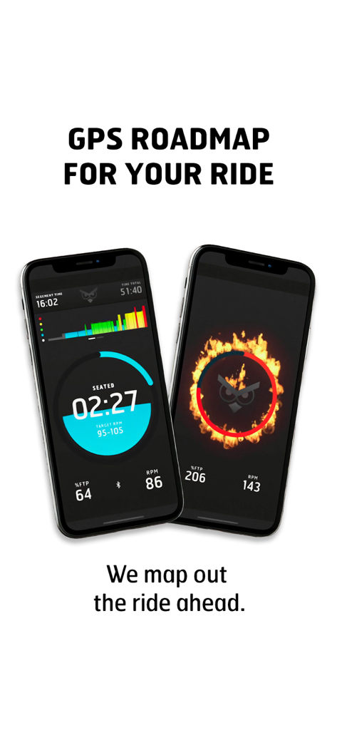 MOWL: Intelligent Training - Two smartphone screens displaying the MOWL cycling app with real-time performance data and color-coded workout tracking.