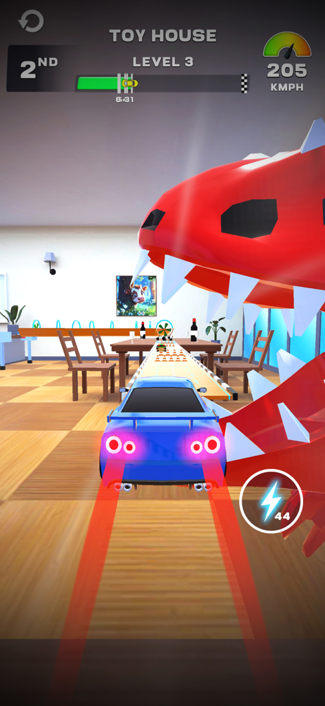 MR RACER : Stunt Mania - A blue sports car racing through a toy house themed level featuring a giant red dragon