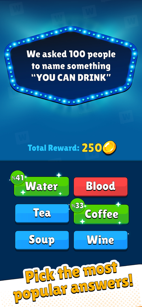 Popular Words: Family Game - Una domanda in stile sondaggio in Parole Popolari che chiede ai giocatori di nominare bevande comuni