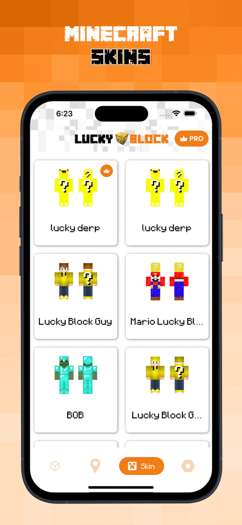 New Lucky Block Mod for MCPE - Una pantalla de aplicación móvil que muestra una colección de skins de personajes de Minecraft con temas de Lucky Block