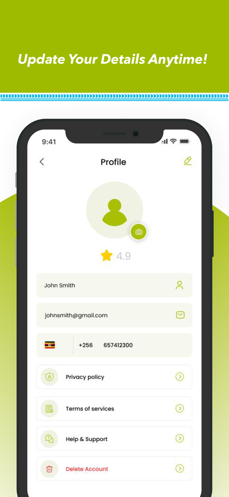 Union: Request a Ride - Interfaz del perfil de usuario de la aplicación de transporte Union que muestra el nombre, correo electrónico y número de teléfono