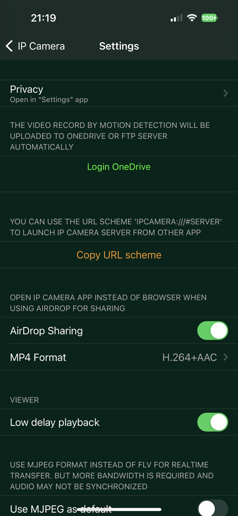 IP Camera Pro - Settings menu of IP Camera Pro app showing OneDrive login URL scheme and video format configuration