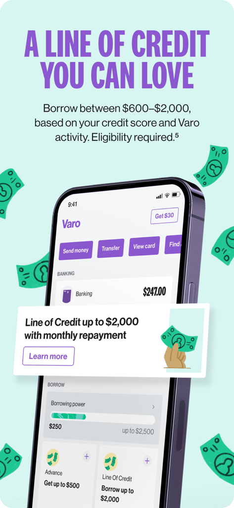 Varo Bank mobile app screen promoting a line of credit up to 2000 dollars with monthly repayment options