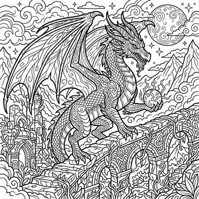 Step into a world of myth and magic with this stunning digital fantasy creature coloring page. This intricate design features a powerful dragon poised on ancient ruins, ready for your creative touch.