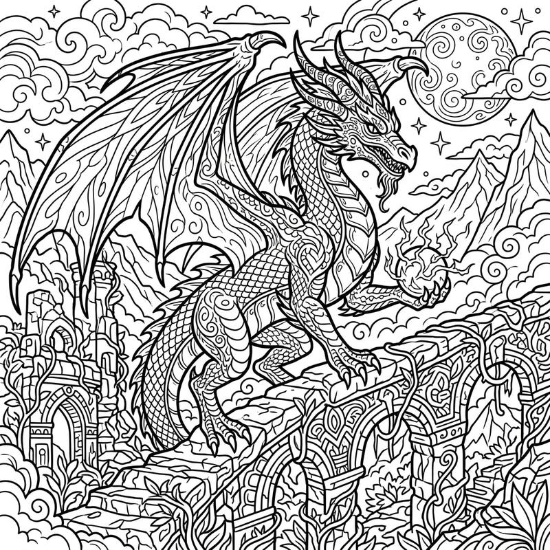 Step into a world of myth and magic with this stunning digital fantasy creature coloring page. This intricate design features a powerful dragon poised on ancient ruins, ready for your creative touch.