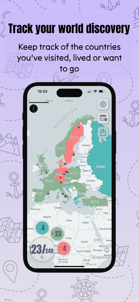 World Map: Visited Countries - Interfaccia di un'app mobile che mostra una mappa del mondo colorata con paesi visitati tracciati e statistiche di viaggio