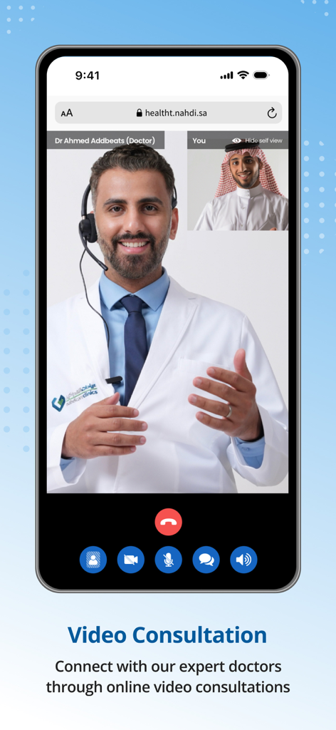 Nahdicare Clinics app interface showing a live video consultation between a doctor and a patient.