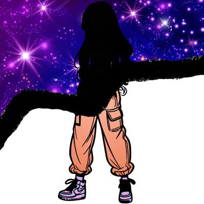 girl in baggy pants crop top and long hair