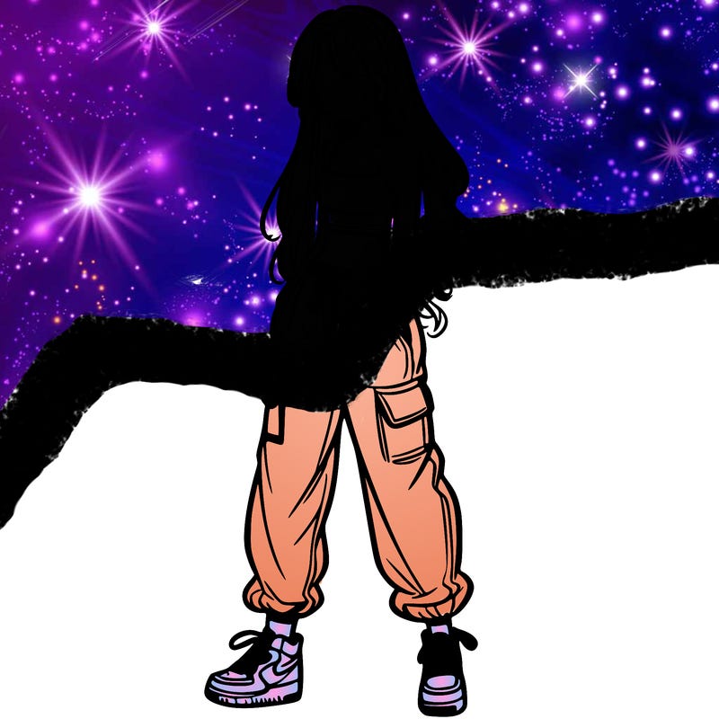 girl in baggy pants crop top and long hair