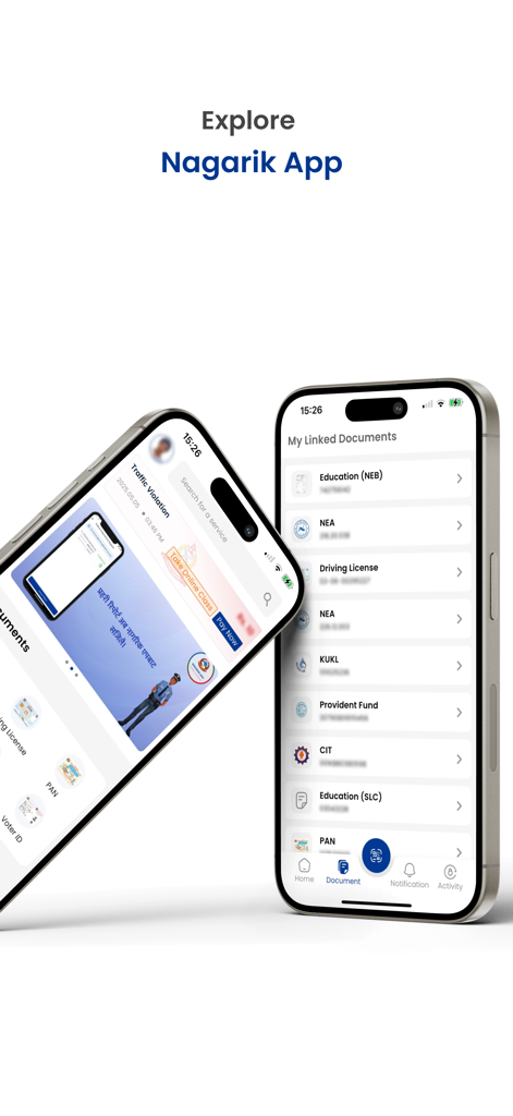 Two smartphones displaying the Nagarik App interface with a list of linked government documents like driving license and PAN card