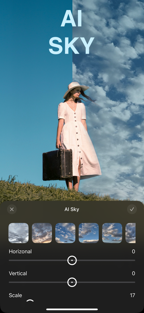 モバイル写真編集アプリのスクリーンショットで、雲のビフォーアフター比較を表示するAIスカイ置換機能を示しています。