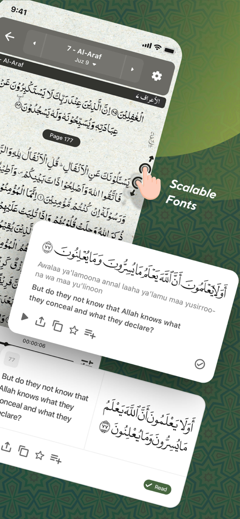 Quran Kareem ' القرآن الكريم - Application Coran Kareem montrant des polices arabes évolutives et des traductions anglaises sur un écran d'iPhone.