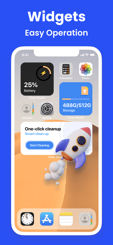 Clean Master: Clean Storage - Pantalla de inicio de iPhone mostrando widgets de almacenamiento, batería y limpieza con un clic de Clean Master