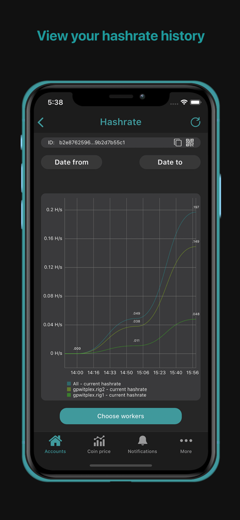 Crypto mining tracker MinerBox - Hashrate history chart in MinerBox app for monitoring crypto mining rig performance.