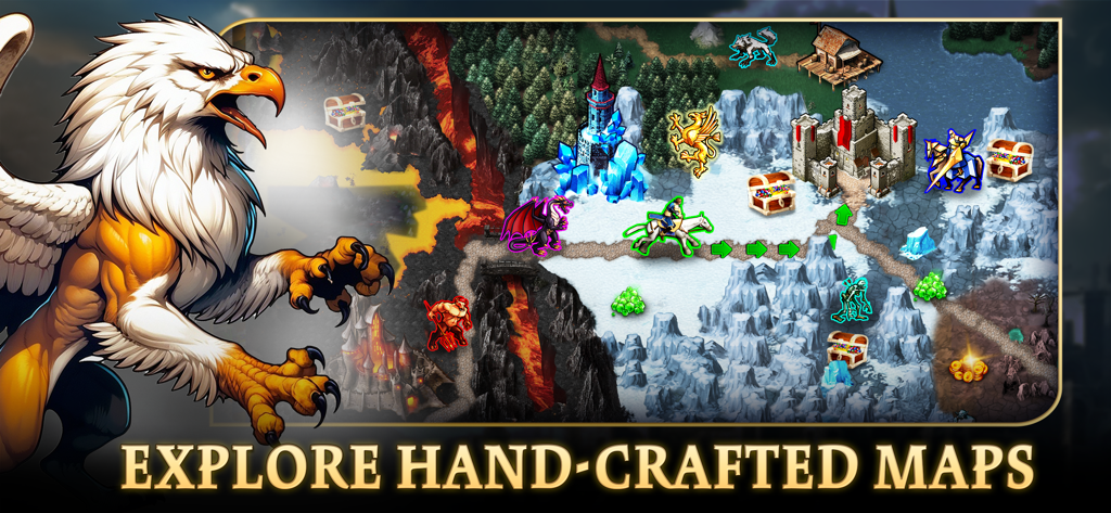 Un mapa estratégico del mundo de fantasía que muestra héroes y castillos en Magic War Legends.