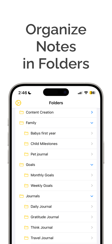 Brain Dump app interface showing notes organized into nested folders for family goals and journals
