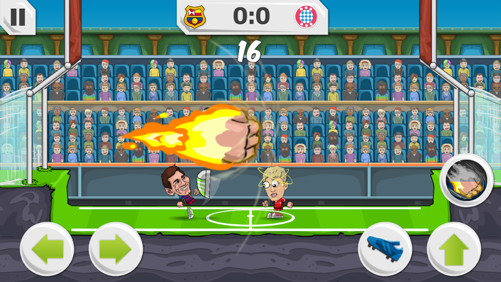 Two cartoon soccer players on a pitch with one using a flaming fist special ability in front of a stadium crowd.