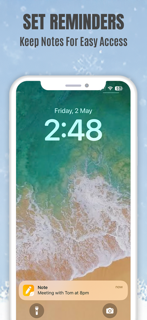 Sticky Notes App Remind Widget - Sticky note reminder notification on an iPhone lock screen for a meeting at 8pm