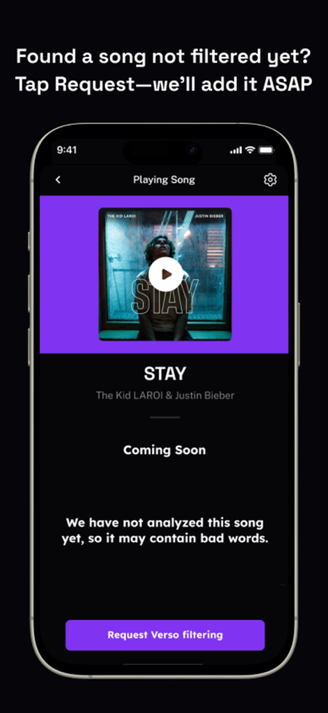 Verso: Clean Music AI - Versoアプリのインターフェース。まだAIによって分析されていない曲のフィルターリクエストボタンを表示します。