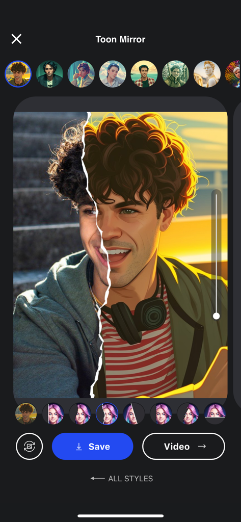 Una comparación en pantalla dividida en la aplicación ToonMe que muestra a una persona real junto a su retrato de dibujos animados generado por IA.