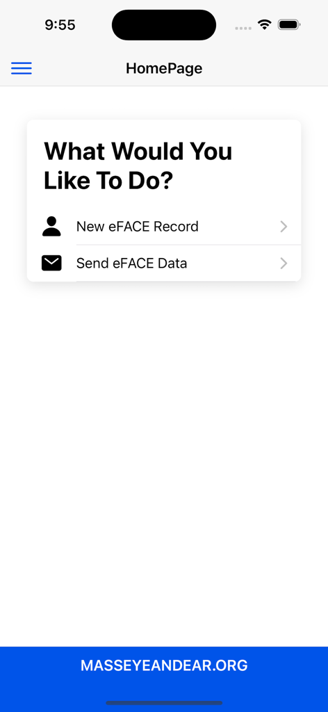 The eFACE - Homepage of The eFACE medical app displaying options to start a new record or send clinical data.