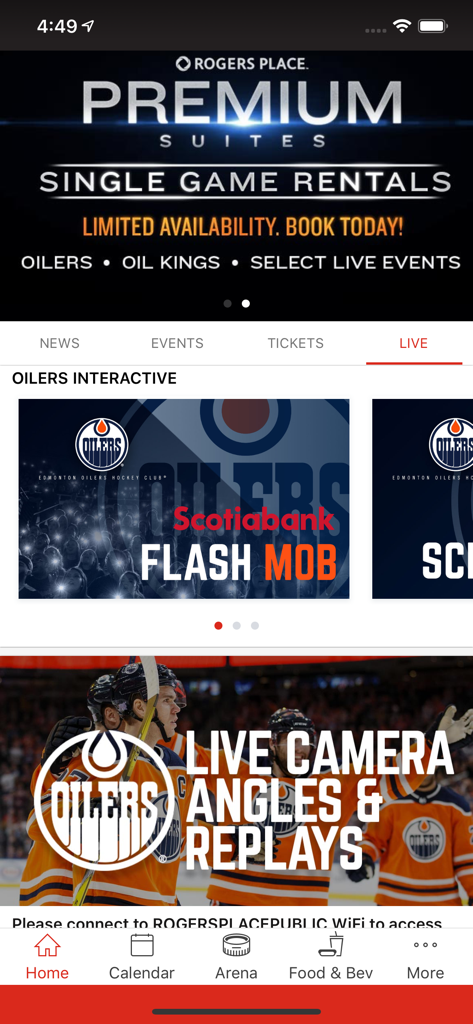 Rogers Place app interface showing live game camera angles and premium suite rentals for the Edmonton Oilers
