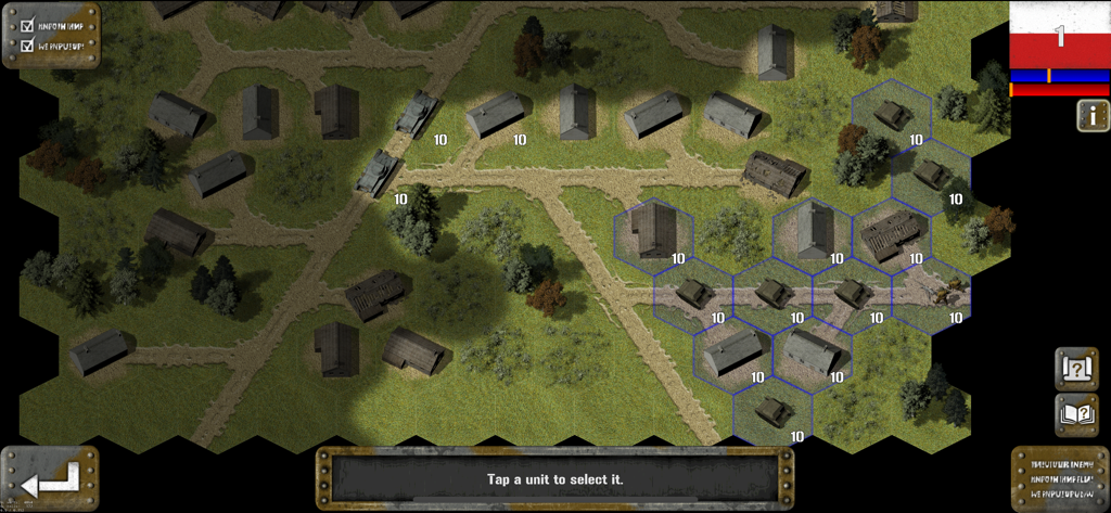 Top down tactical view of a hex grid map with tanks and buildings in Tank Battle Blitzkrieg
