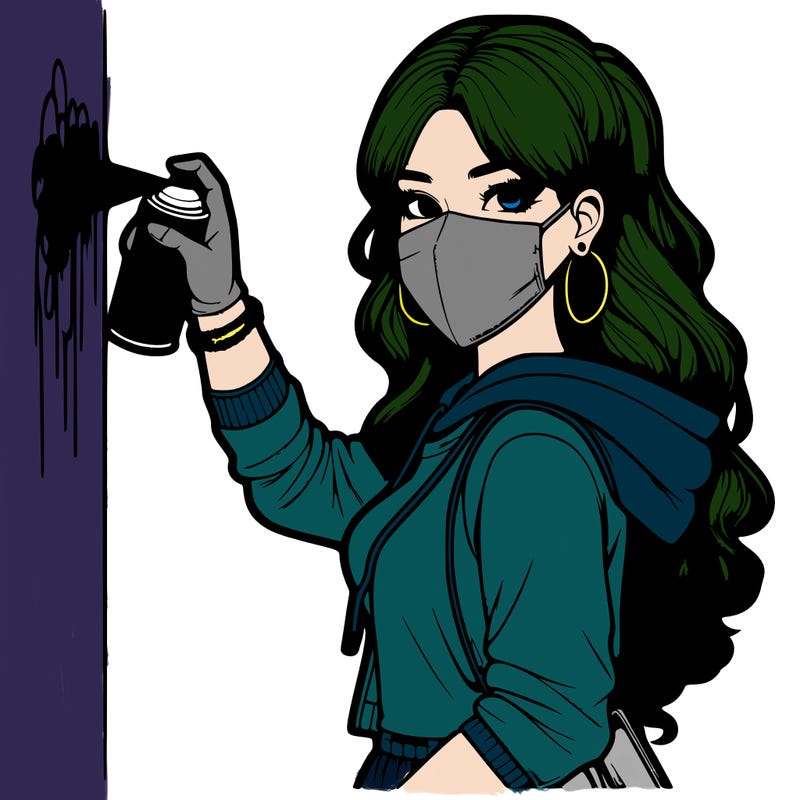 realistic girl with mask spray painting a wall