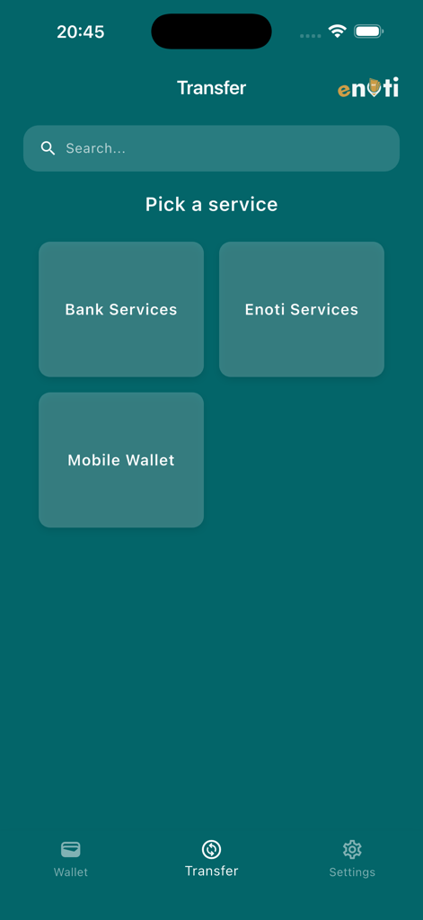 Enoti app transfer screen showing options for bank services and mobile wallets