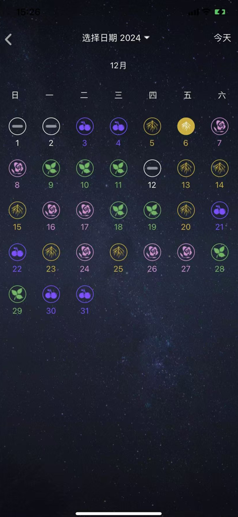 生物动力法日历 - Monthly calendar view of the Biodynamic Wine Calendar app showing fruit flower leaf and root tasting days
