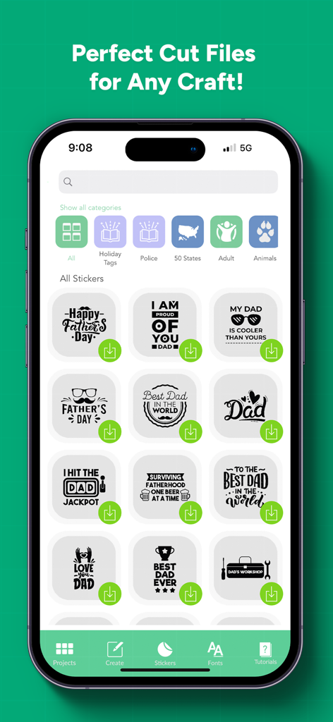 Design Creator Space - Smartphone screen displaying various Father's Day cut files and stickers in the Design Creator Space app.