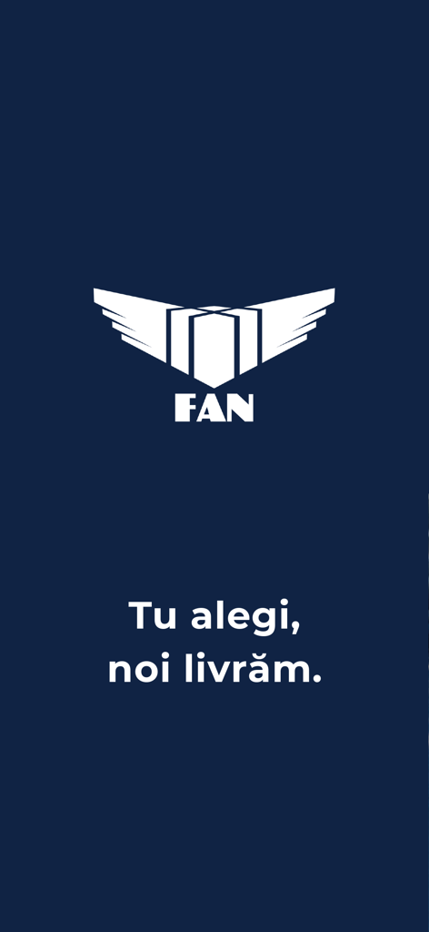 FAN Courier Mobile - FAN Courier logo with wings and Romanian slogan on a dark blue background