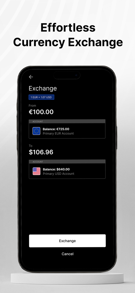 Eine mobile App-Oberfläche von The Kingdom Bank, die eine Wechselkursanzeige von Euro in US-Dollar mit Echtzeit-Umrechnungskursen zeigt.