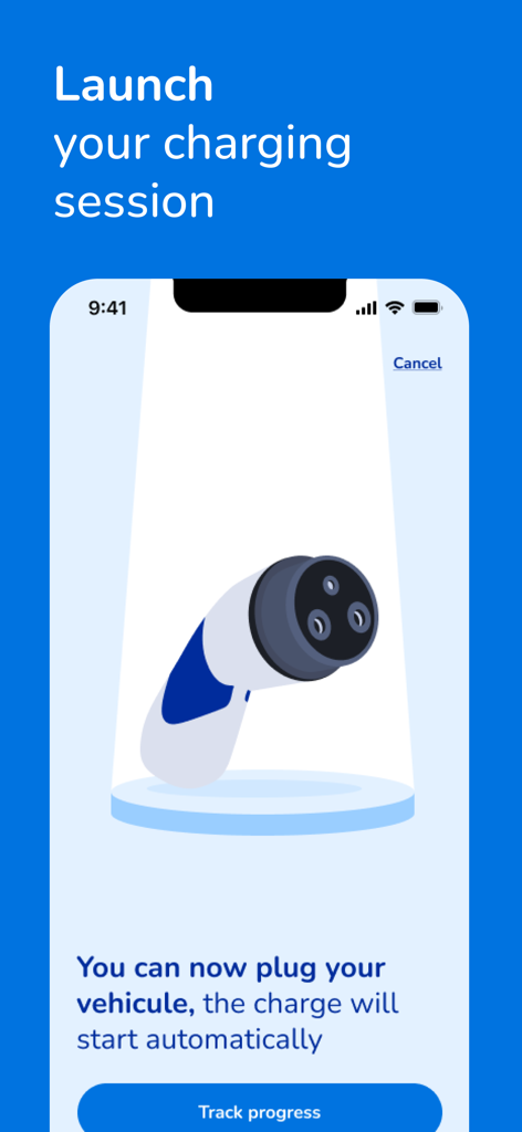 Pantalla de smartphone mostrando instrucciones para enchufar un vehículo y comenzar una sesión de carga de vehículos eléctricos en la aplicación TotalEnergies Charge Singapur