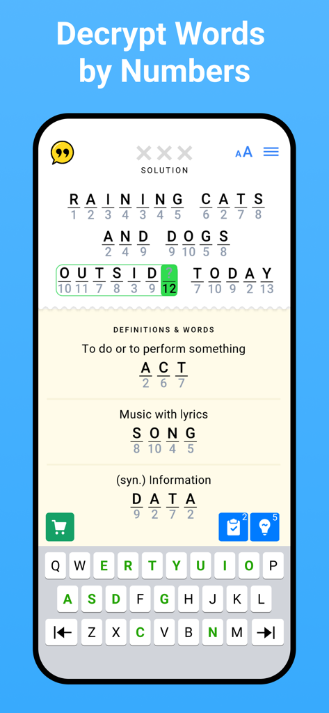 Figgerits - Word Puzzle Games - Tela de jogo do Figgerits mostrando um quebra-cabeça lógico de criptograma onde as palavras são resolvidas combinando letras com números
