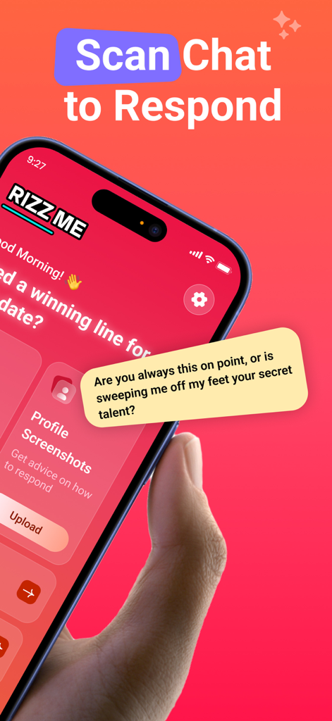 Rizz Me AI dating app interface showing how to scan chat screenshots to generate flirty and witty replies